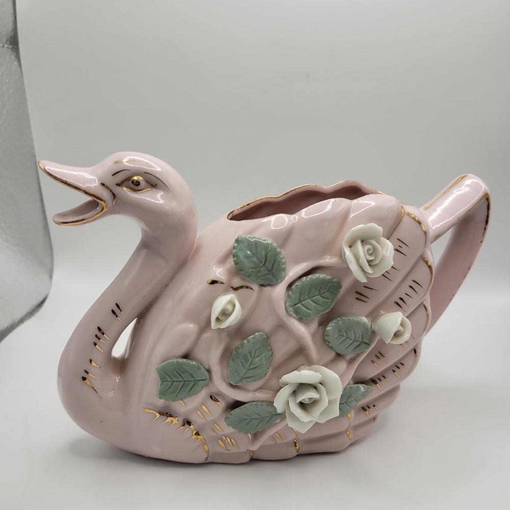 Vintage Pink Swan With Sculpted Flowers & Gold Gilt Ceramic Pitcher 7" Long